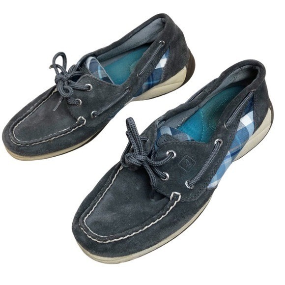 Sperry Top-Sider Womens Grey Suede Blue Plaid Boat Shoes Loafers Deck Shoes 6 - Picture 3 of 9